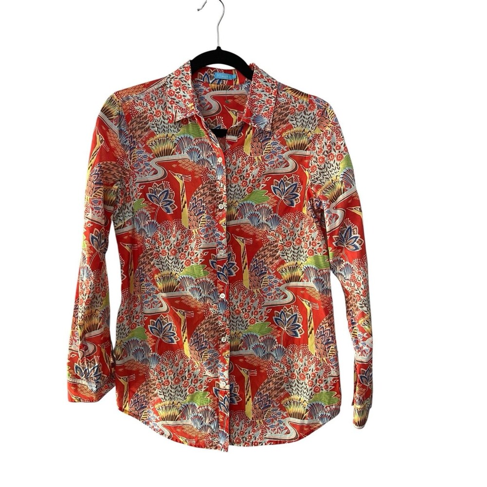 J.‎ McLaughlin Womens Lois Shirt Size S Red Paradise Tropical Ornate Birds Artsy - Picture 4 of 15